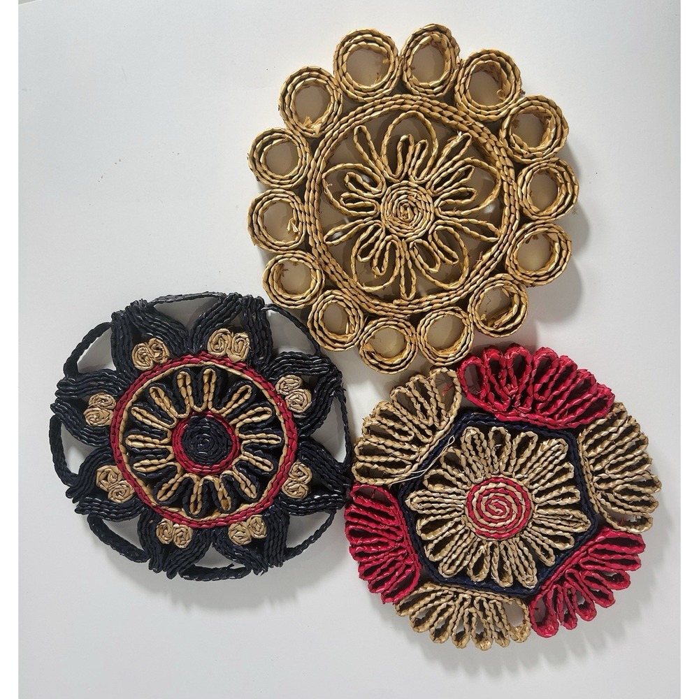 Vintage Set of 3 Rattan‎ Raffia Trivet Woven Straw Hot Pad Boho Kitchen Decor
